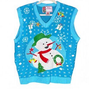 Women's Teal Holiday Christmas Festive Snowman V-Neck Sweater Vest - L